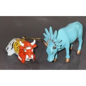 Lot Of 2 VTG Mini Cow Parade Figurine Liberty Cow & Christmas Ornament Cow 2001